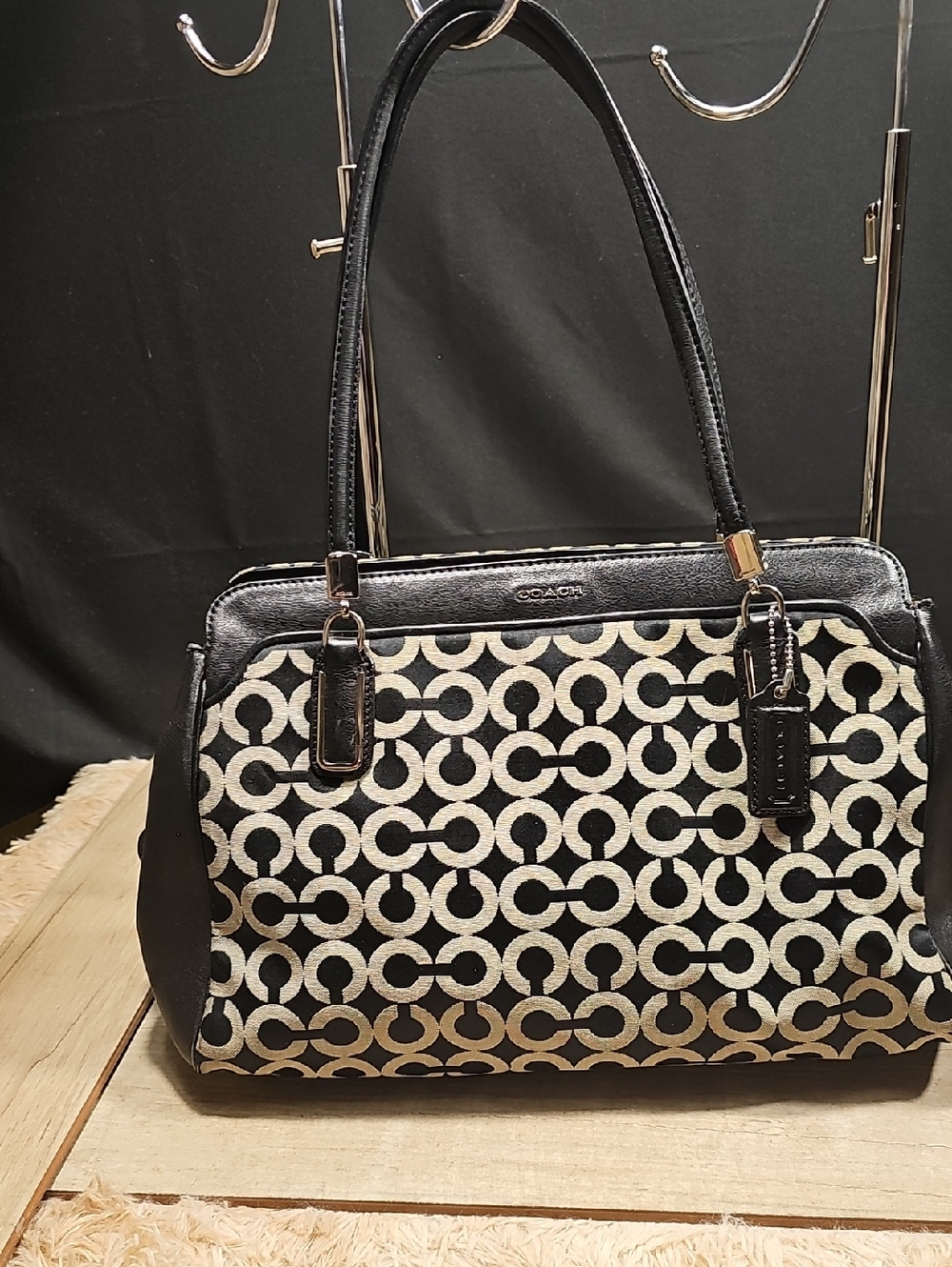 Coach madison op art kimberly carry all Black and Cream Signature Shoulder Bag
